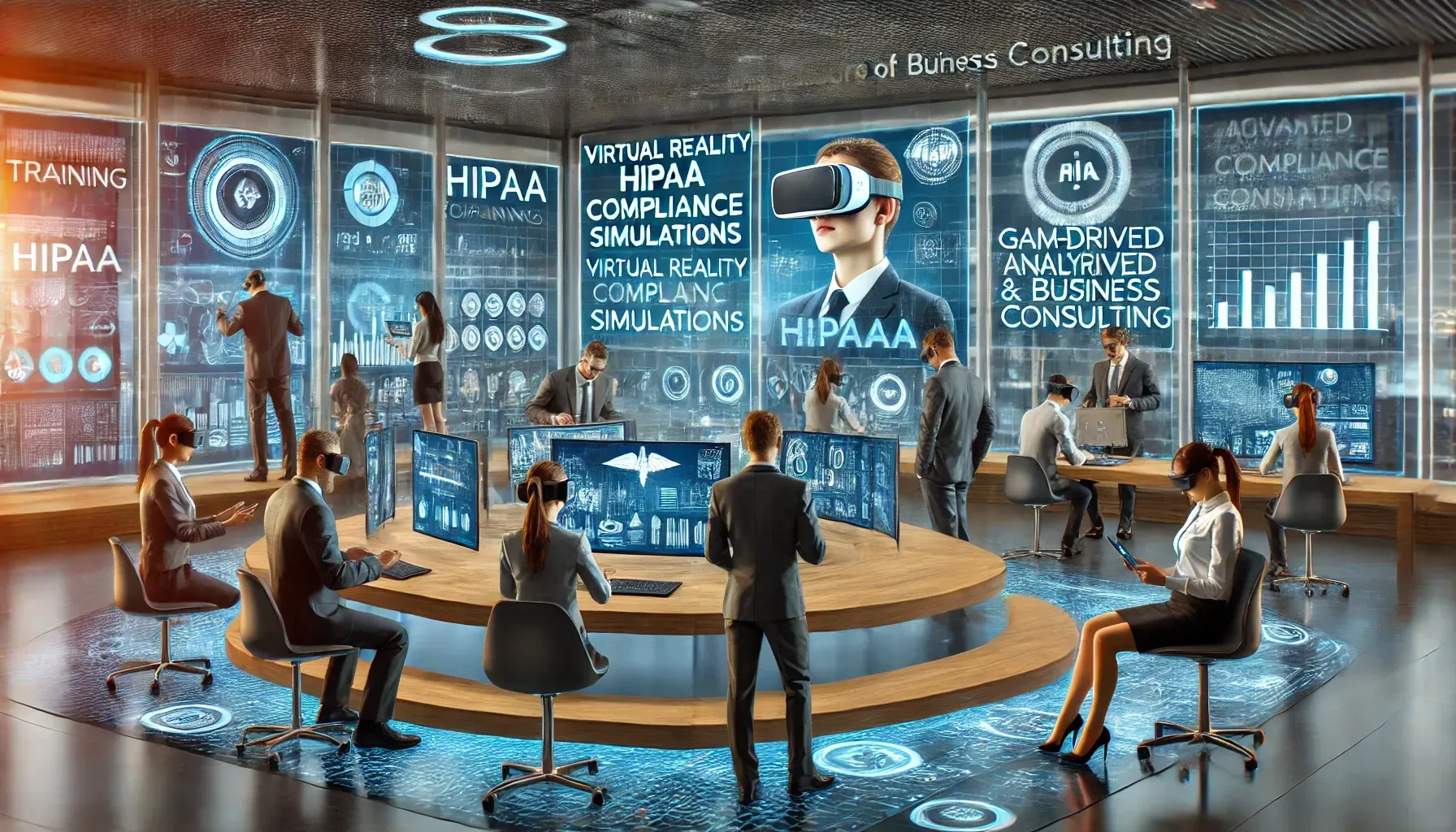 A futuristic office setting showcasing innovations in HIPAA training and business consulting. Employees engage in virtual reality HIPAA compliance simulations, interact with AI-driven analytics on large digital screens, and use gamified learning platforms on tablets, highlighting advanced compliance strategies.
