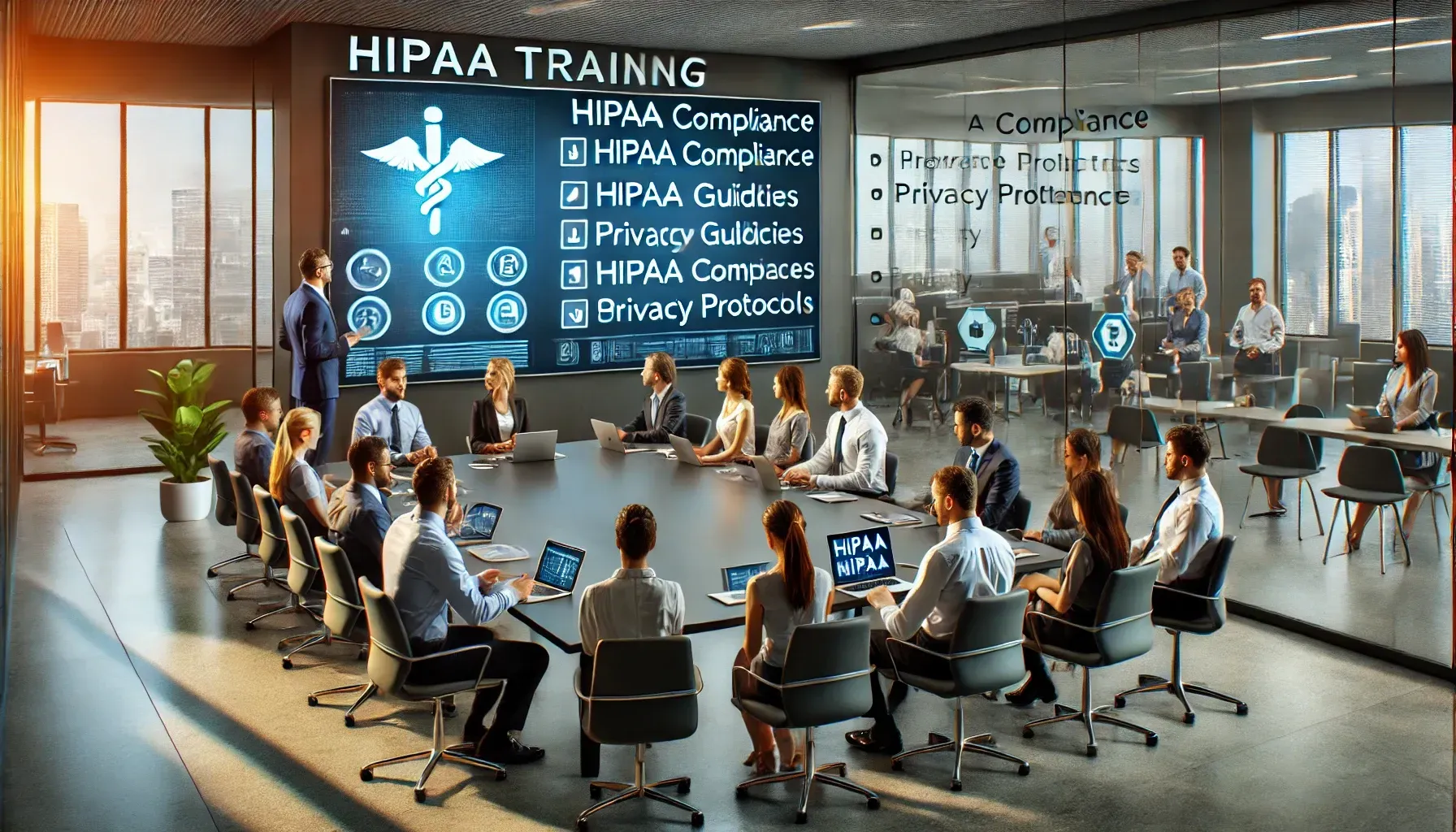 A modern office setting where employees actively engage in HIPAA training sessions. Digital screens display HIPAA compliance guidelines, security measures, and interactive training modules. Employees use tablets and laptops to participate in assessments and simulations, fostering engagement and long-term compliance.
