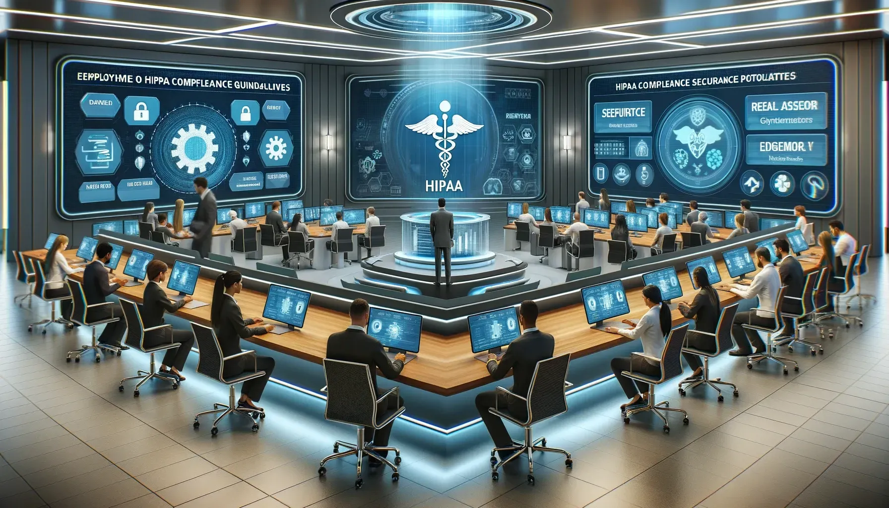 A high-tech training room where employees engage in HIPAA training using digital platforms. Large interactive screens display HIPAA compliance guidelines, security protocols, and real-time assessments. Employees use laptops and tablets to participate in simulations and quizzes, emphasizing the role of technology in advancing HIPAA training and compliance.