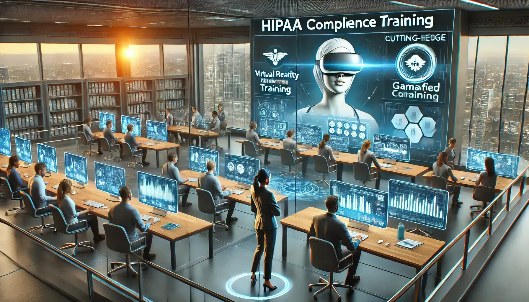 A futuristic training environment showcasing cutting-edge HIPAA compliance training innovations. Employees engage in virtual reality-based HIPAA training, interact with AI-driven learning modules, and participate in gamified compliance exercises on digital screens. The setting is sleek, modern, and high-tech, emphasizing future trends in HIPAA training and compliance.