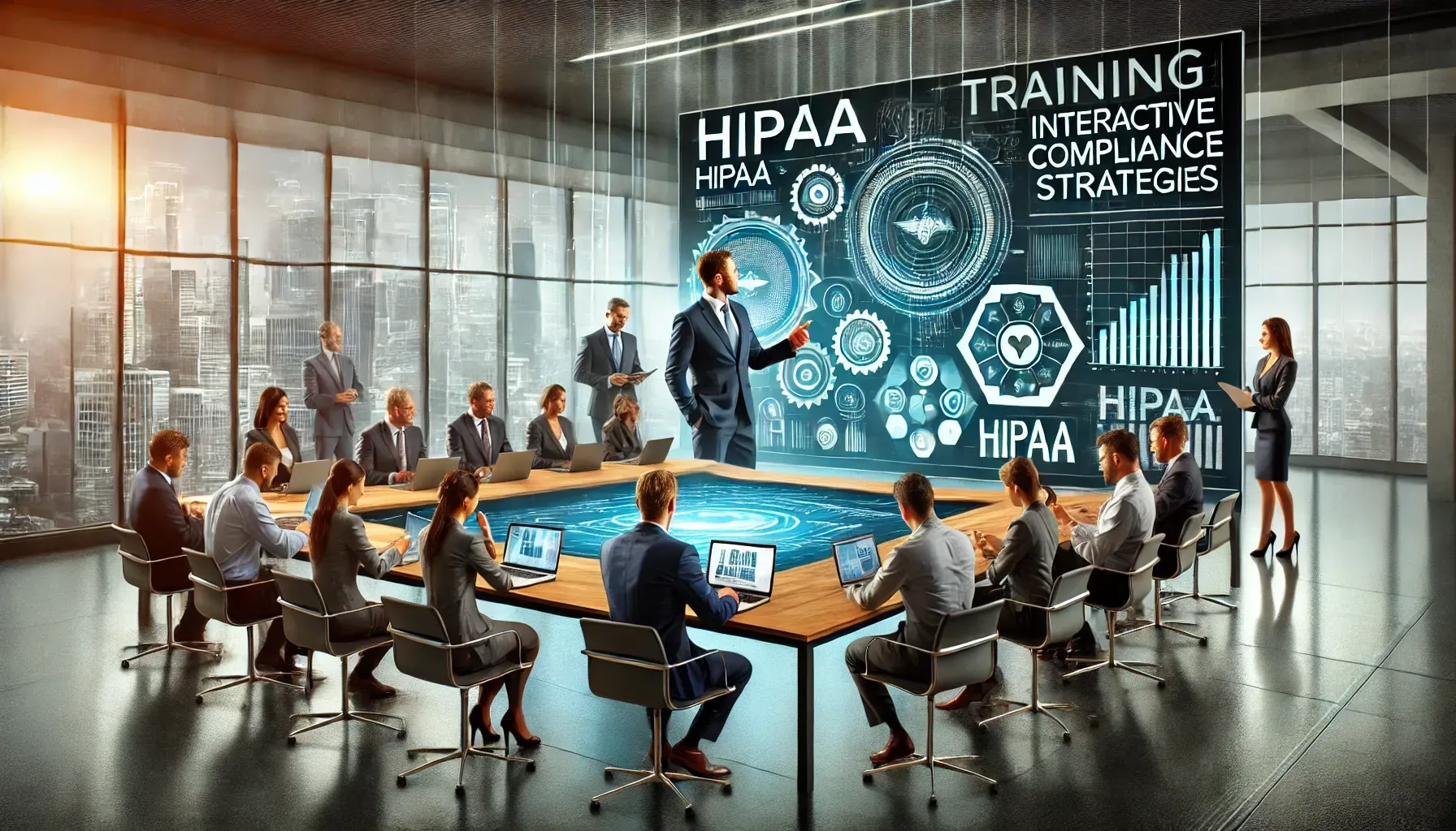 A professional business consulting environment where experts integrate HIPAA training into corporate strategy. Consultants present HIPAA compliance strategies on a large digital screen while executives discuss implementation. Employees engage in interactive compliance training using laptops and tablets, emphasizing the connection between HIPAA training and business growth.