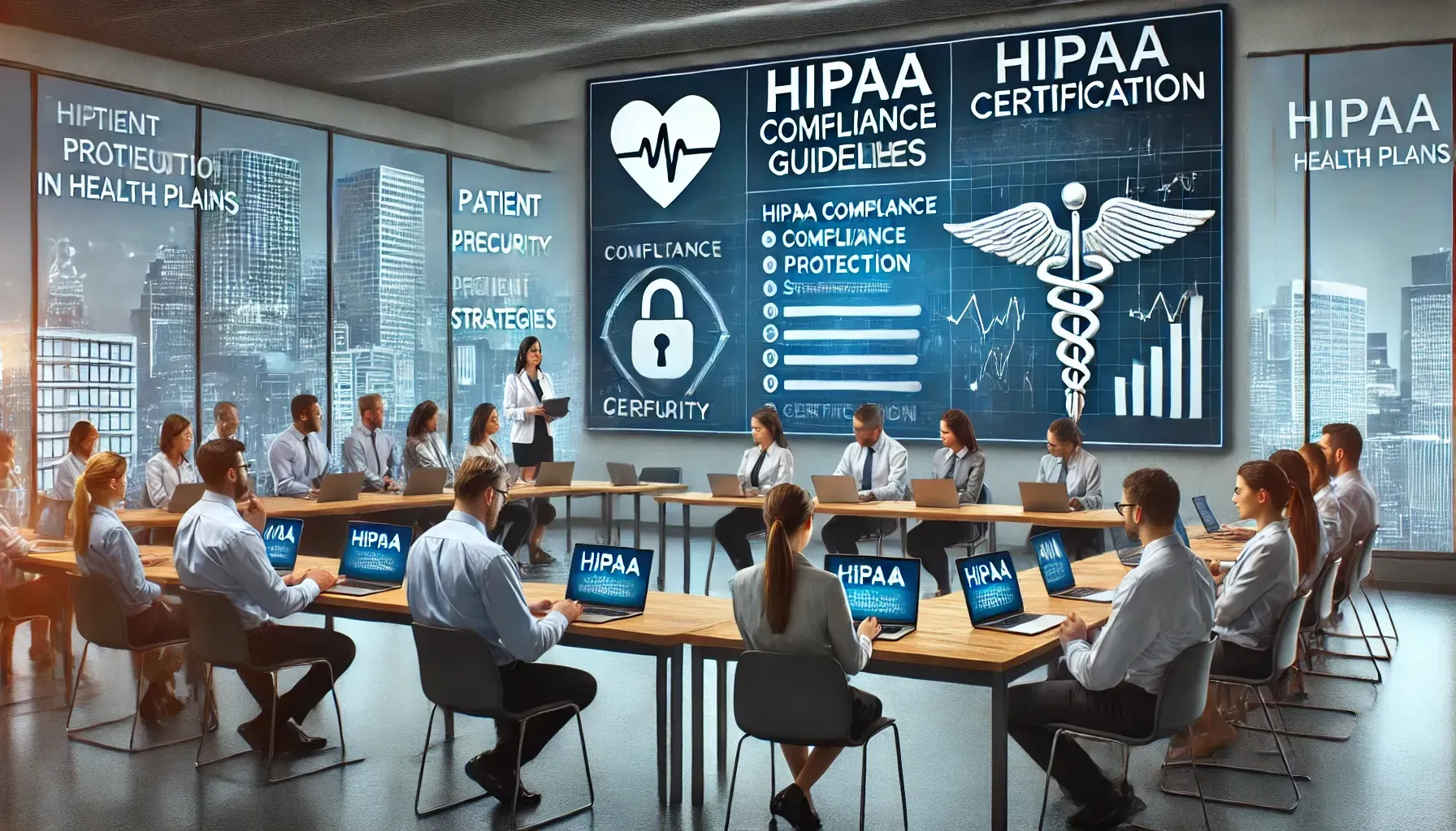A professional training environment where healthcare professionals are earning HIPAA certification. A digital screen displays HIPAA compliance guidelines, patient data protection strategies, and certification progress. Employees engage in structured training sessions using laptops and tablets, emphasizing regulatory compliance, security, and trust in health plans