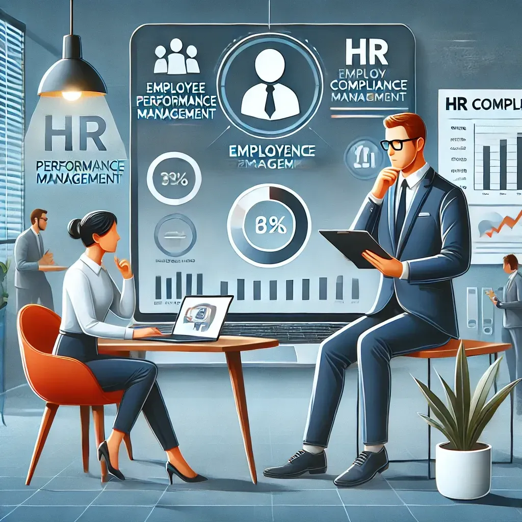 HR consultant advising a small business owner on employee performance management, with performance metrics and compliance documents on a laptop.