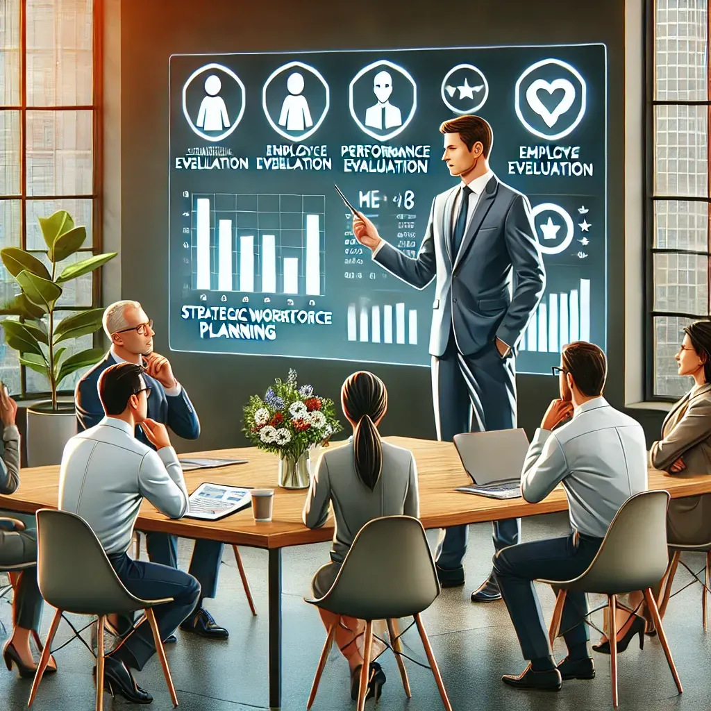 HR consultant leading a workforce planning session with small business employees, discussing performance evaluation metrics in a modern office setting.
