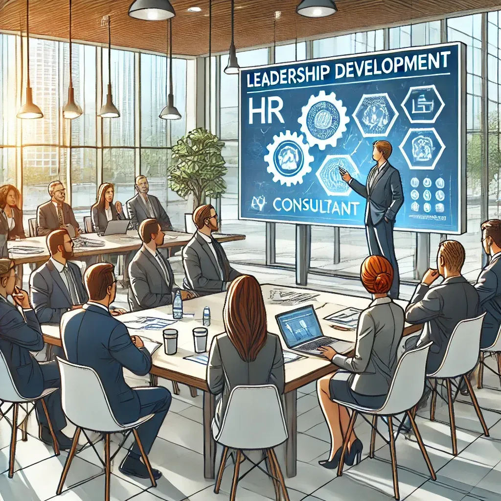A professional leadership development workshop where an HR consultant trains managers and executives on strategic leadership skills. The setting is a bright, collaborative office with a large screen displaying leadership strategies, emphasizing workforce efficiency and business success