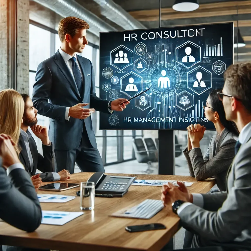 A professional HR consultant leading a workforce strategy session with business executives in a modern office, discussing HR management insights on a digital screen.