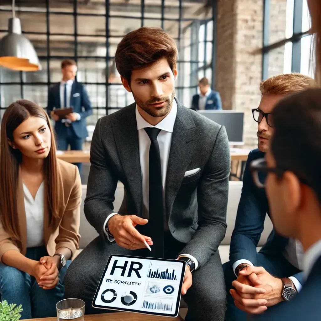 A professional HR consultant presenting workforce optimization strategies to small business owners in a modern office setting. The consultant uses a digital tablet to display data, fostering a professional and collaborative atmosphere.