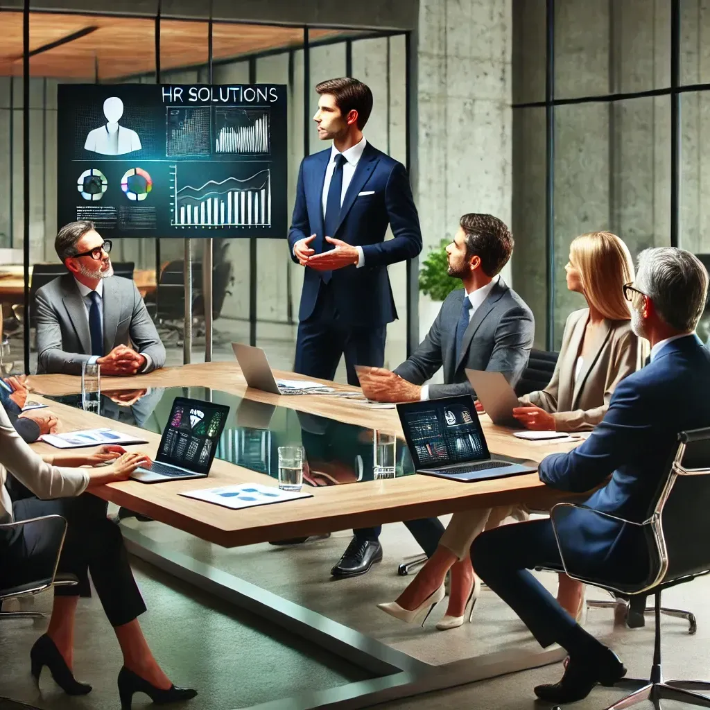 A professional HR consultant leading a business strategy meeting in a modern office, presenting HR solutions on a digital screen to engaged business owners.