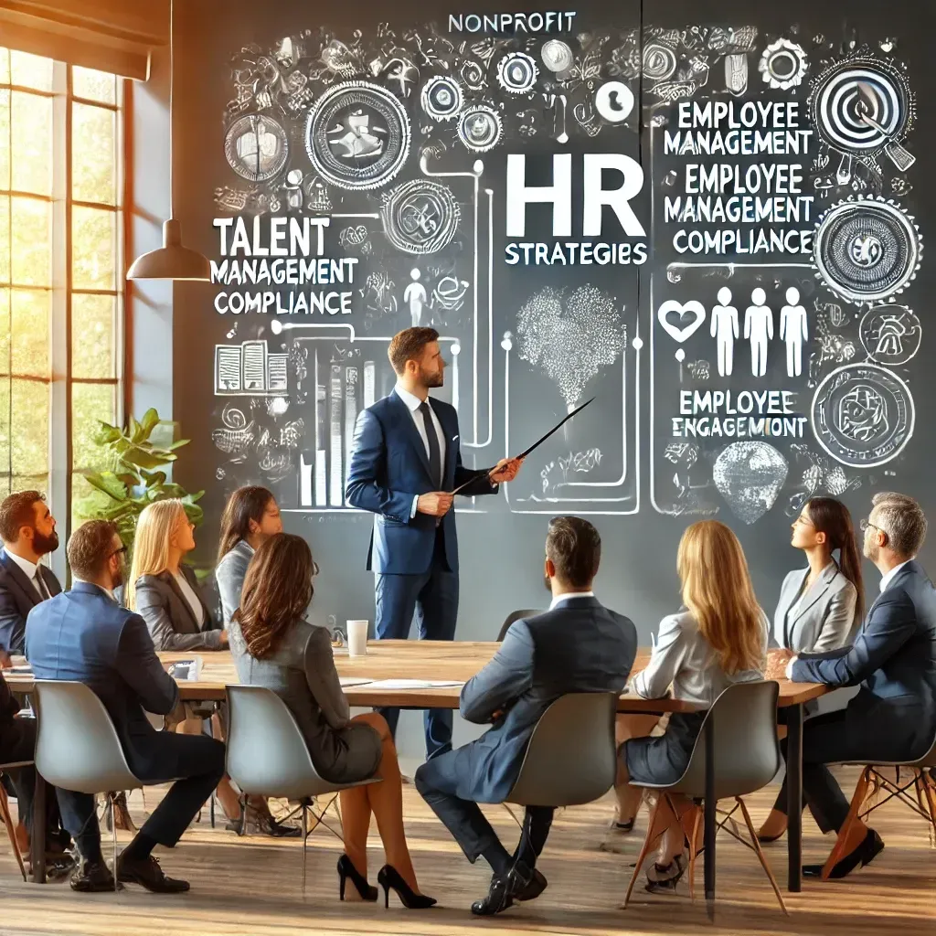 A professional HR consultant leading a strategy session for a nonprofit organization in a modern office, presenting key HR strategies such as talent management, compliance, and employee engagement to a diverse group of nonprofit leaders.