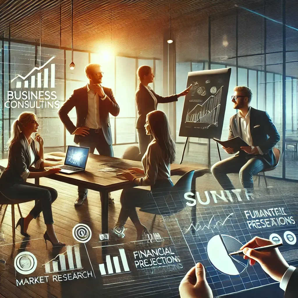 Business consultants collaborating with a startup team in a modern office, analyzing market research, financial projections, and branding strategies.