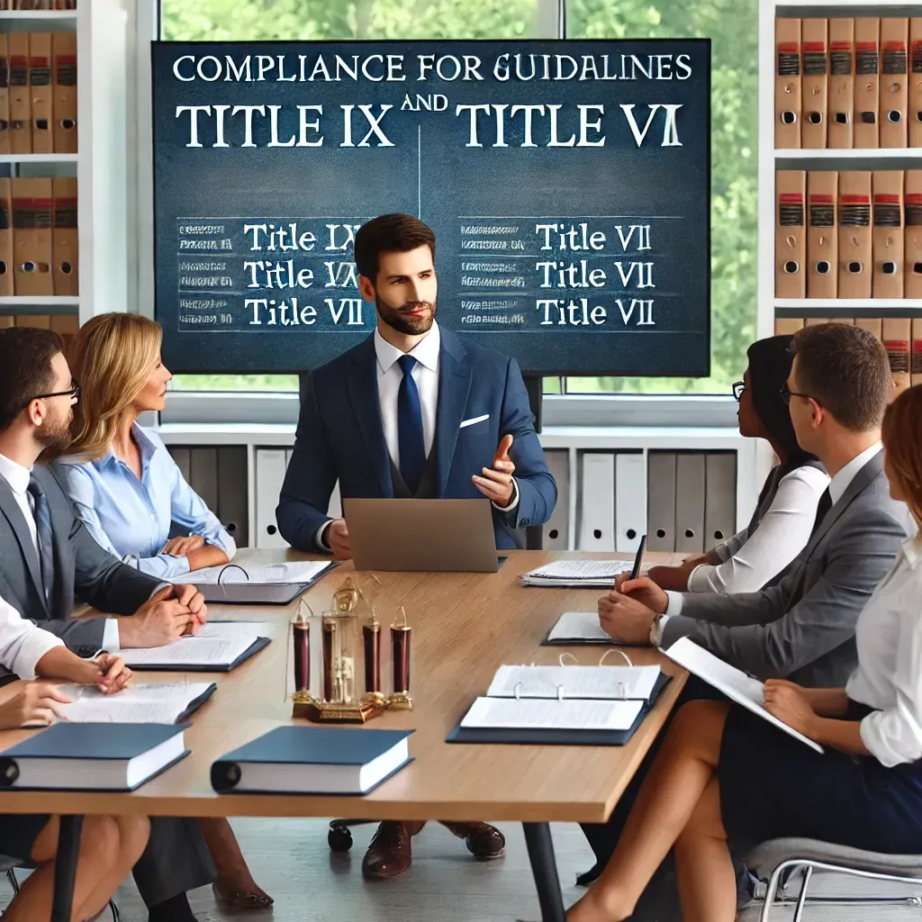 A professional educational consultant sits at a conference table with a group of school administrators, presenting compliance guidelines for Title IX and Title VII on a large screen. The administrators are attentively listening and taking notes. The setting is a modern office with legal documents and policy binders on the table, emphasizing the importance of legal compliance in education.