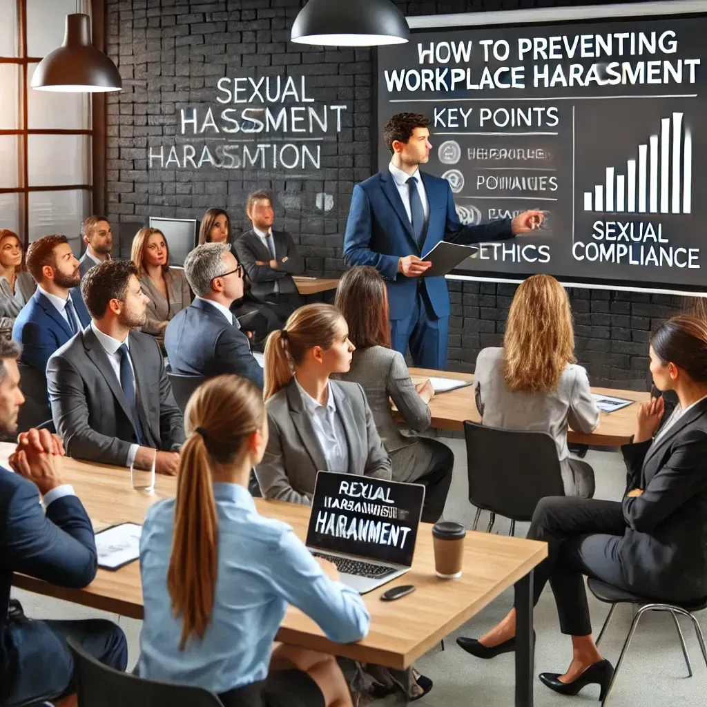 A professional corporate training session in a modern office setting. A diverse group of managers is attentively listening to an HR trainer giving a presentation on preventing workplace harassment. A large screen displays key points related to sexual harassment prevention, legal compliance, and workplace ethics. The atmosphere is professional and educational, with participants taking notes and engaging in discussion.