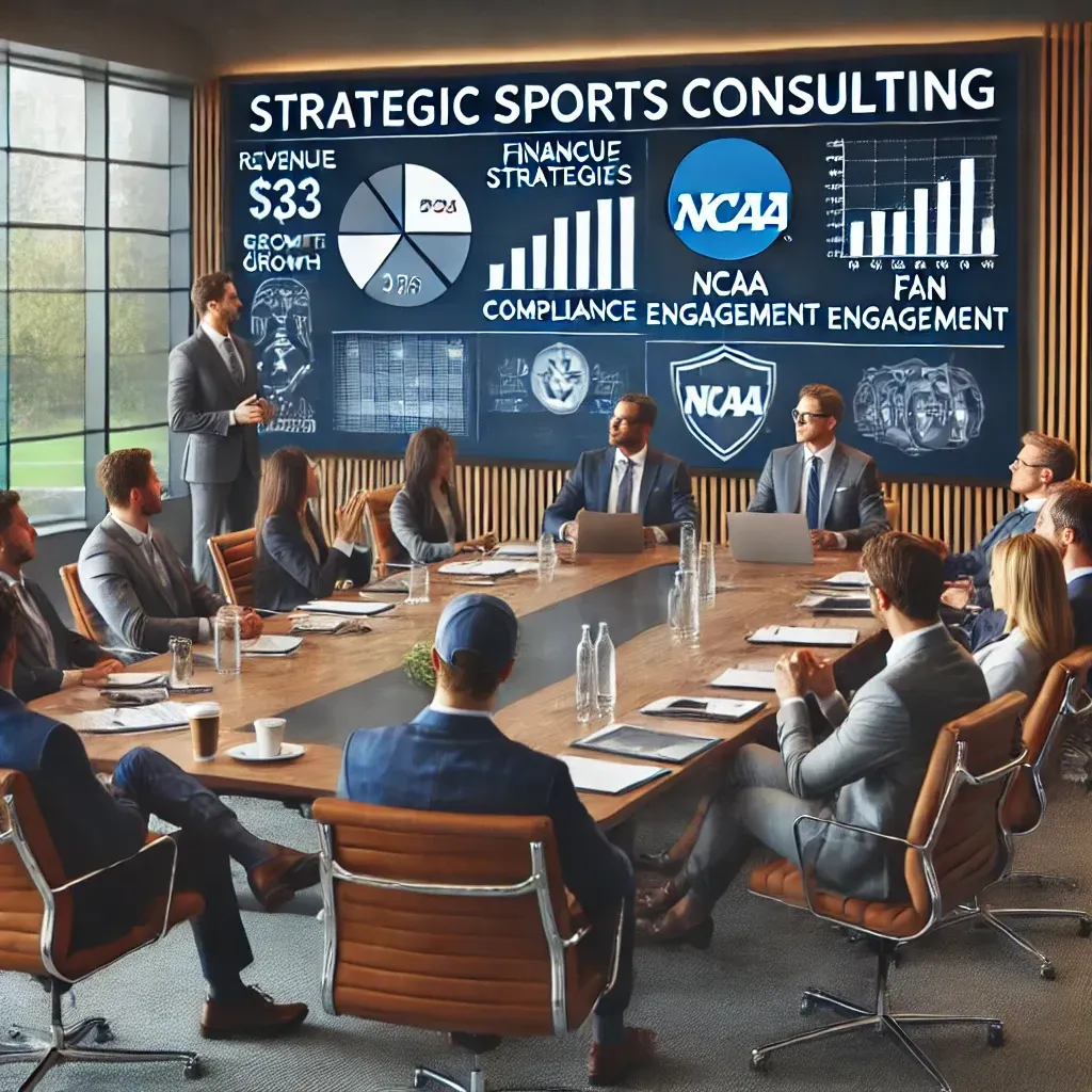 A strategic sports consulting meeting in a modern conference room, where college athletic department leaders discuss financial strategies, compliance, and digital engagement with sports consultants. The presentation screen displays revenue growth charts, NCAA compliance guidelines, and fan engagement metrics. The setting is professional and collaborative, emphasizing the role of strategic consulting in college athletics.