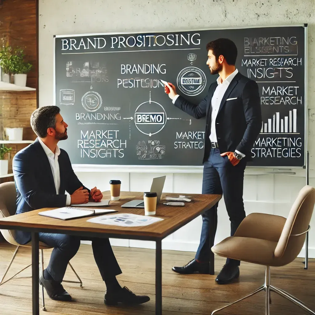 A business coach strategizing brand positioning with a small business owner in a modern office. The whiteboard in the background displays branding elements, market research insights, and growth strategies. The business coach, dressed professionally, is discussing marketing tactics while the entrepreneur takes notes. The office features a sleek desk, a laptop, and a cup of coffee, creating a productive and engaging environment.