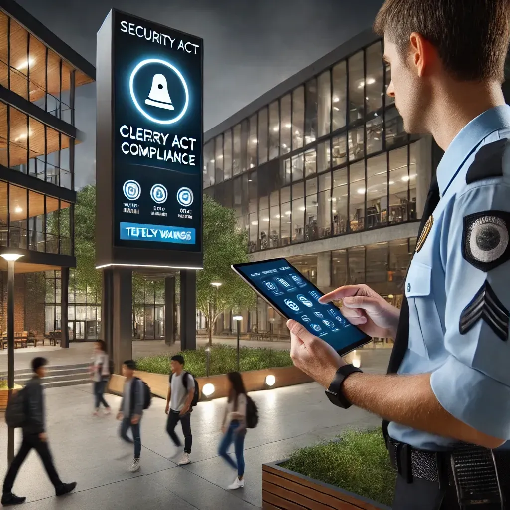 A modern university campus featuring a security officer reviewing Clery Act compliance documents on a digital tablet. In the background, students walk across a well-lit campus equipped with emergency call boxes and security cameras. A large digital board displays an emergency notification alert, emphasizing timely warnings. The scene reflects a strong commitment to campus safety and compliance with Clery Act regulations.