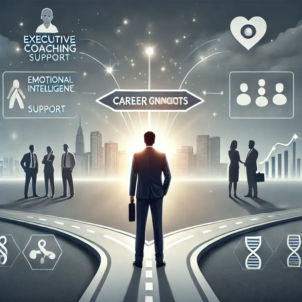 A digital illustration of an executive professional standing at a crossroads, symbolizing career transitions. One path leads to a leadership role with bright lights and a supportive team, while the other path represents uncertainty and self-doubt. Surrounding the executive are icons representing executive coaching support, including a mentor figure, emotional intelligence symbols, and leadership growth charts. The scene visually conveys how executive coaching helps professionals navigate career changes with confidence and clarity.