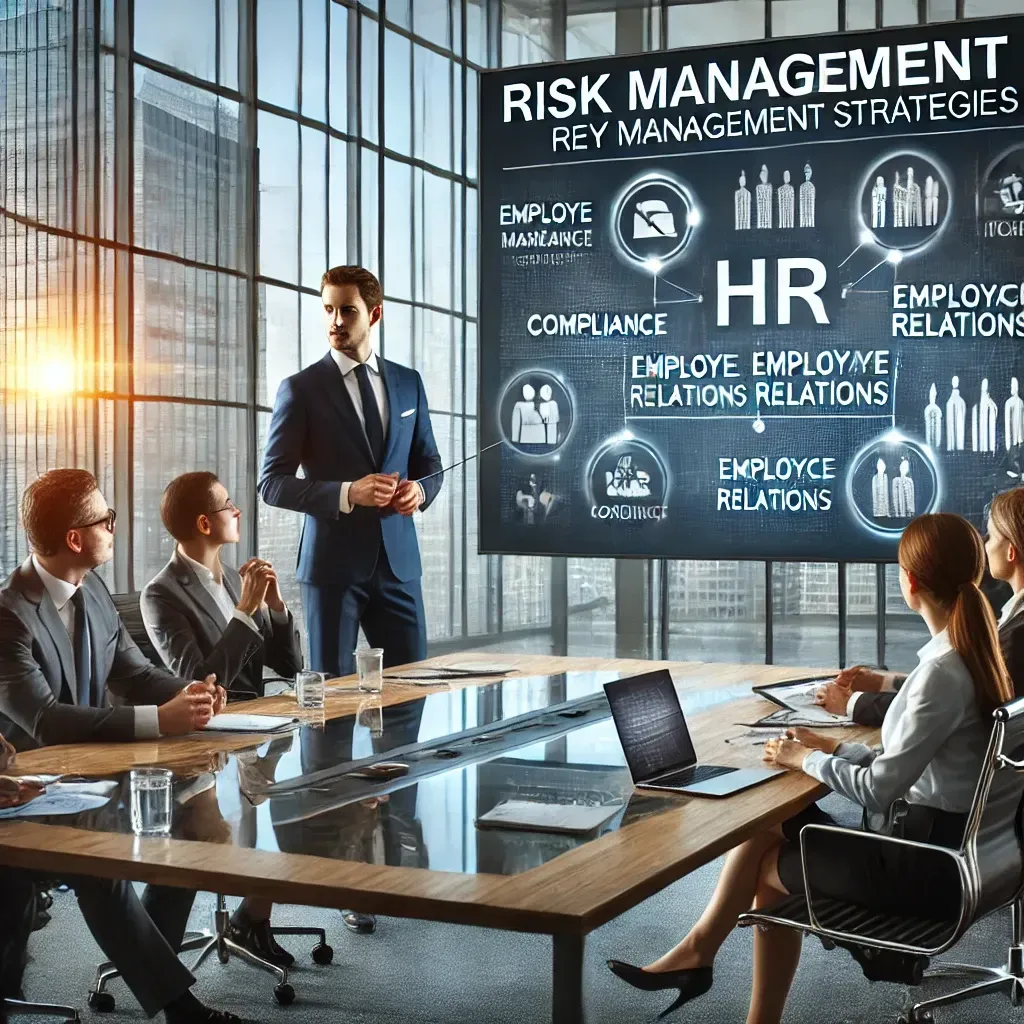 A professional business setting where an HR consultant is meeting with business executives. The HR consultant is presenting risk management strategies on a large screen, which displays key HR policies such as