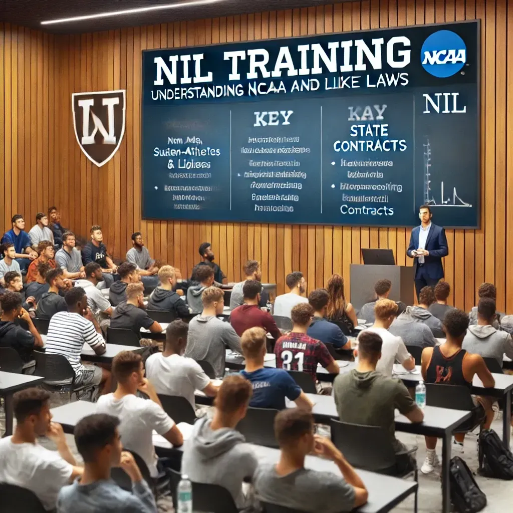 A professional university workshop focused on Name, Image, and Likeness (NIL) education. A diverse group of student-athletes, coaches, and administrators are seated in a modern lecture hall, attentively listening to a presenter. The presenter, a legal expert, stands next to a large screen displaying 'NIL Training: Understanding NCAA and State Laws' with key bullet points and a university logo. The setting is engaging, with students taking notes and some raising questions about NIL sponsorships and contracts.