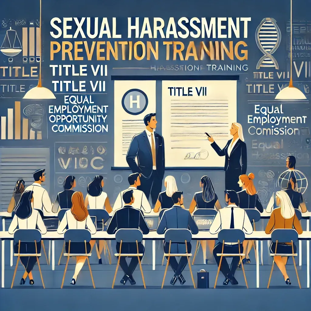 A diverse group of faculty and staff in a training session, attentively listening to an instructor presenting workplace harassment policies on a large screen. The background subtly integrates legal documents referencing Title VII and the Equal Employment Opportunity Commission (EEOC) guidelines. The professional color scheme of navy blue, white, and gold symbolizes professionalism, safety, and compliance.