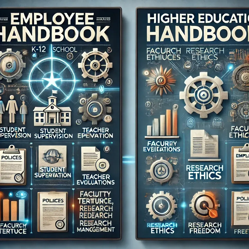 A side-by-side comparison of two employee handbooks: one for a K-12 school and one for a higher education institution. The K-12 handbook highlights policies on student supervision, teacher evaluations, and classroom management, while the higher education handbook includes faculty tenure, research ethics, and academic freedom. Both are displayed on digital screens with icons representing compliance, policies, and employee benefits.