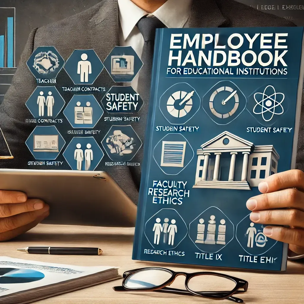 A professional layout of an employee handbook for educational institutions displayed on a tablet and a printed booklet. One handbook is tailored for K-12 schools, featuring policies on teacher contracts, student safety, and disciplinary procedures. The other is for higher education institutions, covering faculty tenure, research ethics, and Title IX compliance. In the background, a school administrator is reviewing policies, emphasizing legal compliance and structured organization.