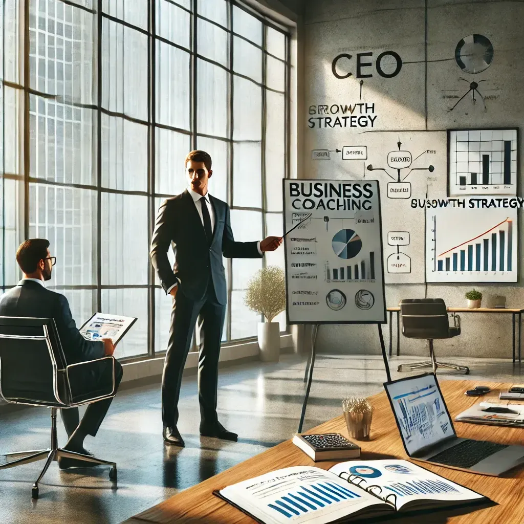 A digital illustration of a confident CEO receiving personalized business coaching in a modern office with a whiteboard, financial charts, and strategic planning tools, symbolizing leadership and decision-making.