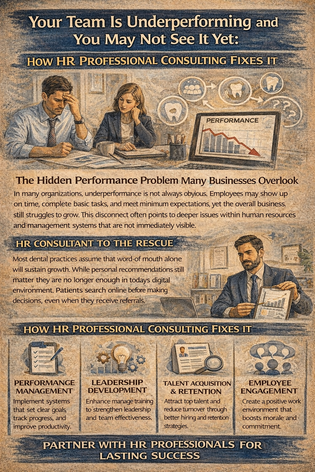 Your Team Is Underperforming and You May Not See It Yet: How HR Professional Consulting Fixes It
The Hidden Performance Problem Many Businesses Overlook
In many organizations, underperformance is not always obvious. Employees may show up on time, complete basic tasks, and meet minimum expectations, yet the overall business still struggles to grow. This disconnect often points to deeper issues within human resources and management systems that are not immediately visible.
Business owners and leaders often assume that if there are no major complaints, everything is working as it should. However, underperformance can quietly affect productivity, employee engagement, and long-term results. This is where hr professional consulting becomes essential in identifying and addressing these hidden gaps.
Why Underperformance Is Hard to Detect
Underperformance rarely appears as a single, clear problem. Instead, it develops gradually through inconsistent expectations, unclear communication, and outdated hr processes. Over time, these small issues begin to affect the entire workforce.
Many organizations rely on in house teams to manage hr responsibilities, but without the right structure, even experienced hr professionals can miss critical warning signs. Without proper performance management systems, it becomes difficult to measure success accurately.
The Real Cost of Poor Performance Management
When performance issues go unaddressed, they impact more than just individual employees. They affect revenue, efficiency, and organizational success as a whole.
Some of the most common consequences include:
Decreased employee satisfaction and morale
Increased turnover and difficulty retaining top talent
Inefficient hr operations and wasted resources
Missed opportunities for strategic growth
These outcomes can create long-term challenges that are difficult to reverse without expert support.
How HR Professional Consulting Identifies the Problem
Hr consultants bring an outside perspective that allows them to evaluate your business objectively. They assess hr functions, employee relations, and overall performance to identify areas of concern.
Through hr consulting services, professionals analyze data, review company policies, and examine how hr works within your organization. This process helps uncover inefficiencies that may not be visible internally.
Understanding the Role of HR Consultants
Hr consultants are more than advisors—they are strategic partners in improving business performance. Their role is to provide expert support in areas such as compliance, talent management, and leadership development.
By working closely with your hr team, they help align hr strategy with your organization’s goals. This ensures that every aspect of human resources contributes to business success.
Aligning HR Strategy With Business Goals
A strong hr strategy connects employee performance with business goals. Without alignment, even the most talented employees may struggle to contribute effectively.
Hr consulting firms specialize in creating strategies that support organizational success. These strategies focus on optimizing hr processes and ensuring that every role contributes to overall growth.
Optimizing HR Processes for Better Results
Inefficient hr processes can slow down productivity and create confusion within the organization. Hr consulting services help streamline these processes to improve efficiency.
This includes refining hr administration, improving payroll services, and enhancing leave management systems. Optimized processes lead to better performance across the entire workforce.
Strengthening Performance Management Systems
Performance management is a critical component of effective hr consulting. Without clear systems in place, it is difficult to evaluate employee contributions.
Hr specialists develop structured performance management frameworks that track progress and provide actionable insights. These systems help managers make informed decisions and support employee growth.
The Importance of Leadership Development
Strong leadership is essential for maintaining high performance within an organization. Leadership development programs help managers improve their ability to guide teams effectively.
Through hr consulting services, leaders receive training that enhances communication, decision-making, and accountability. This leads to better outcomes for both employees and the business.
Enhancing Employee Engagement and Experience
Employee engagement plays a major role in performance. Engaged employees are more productive, motivated, and committed to their work.
Hr consulting firms focus on improving the employee experience by addressing concerns and creating a positive work environment. This includes initiatives related to employee wellness and employee relations.
Addressing Compliance and Risk Management
Compliance is a critical aspect of human resources management. Businesses must ensure compliance with employment laws and regulations to avoid legal issues.
Hr consulting services provide guidance on hr compliance, helping organizations stay aligned with federal contractors requirements and other standards. This reduces risk and protects the company.
Improving Talent Acquisition Strategies
Attracting the best talent requires a strategic approach. Talent acquisition is more than just filling positions—it involves finding individuals who align with your organization’s goals.
Hr consultants develop recruitment strategies that attract top talent and support long-term growth. This ensures that your workforce is equipped to meet future challenges.
Managing the Entire Employee Lifecycle
Effective hr consulting addresses the entire employee lifecycle, from hiring to retention. Each stage plays a role in overall performance and success.
By improving processes at every stage, businesses can create a more cohesive and productive workforce. This approach supports both employee satisfaction and organizational success.
Supporting Change Management Initiatives
Change is inevitable in any business, but managing it effectively is a challenge. Change management strategies help organizations adapt to new processes and structures.
Hr consulting firms provide guidance on implementing changes smoothly, minimizing disruption, and maintaining productivity. This is especially important during periods of growth or restructuring.
Tailored Solutions for Unique HR Needs
Every organization has unique hr needs based on its size, industry, and goals. A one-size-fits-all approach rarely delivers results.
Hr consulting services provide tailored solutions that address specific challenges. This personalized approach ensures that strategies are effective and sustainable.
The Role of HR in Small Businesses
Small businesses often face unique challenges due to limited resources. Managing hr functions in house can be overwhelming for smaller teams.
Hr consulting firms offer cost effective services that help small businesses improve performance without adding unnecessary complexity. This support allows business owners to focus on growth.
Strengthening Employee Relations
Strong employee relations are essential for maintaining a positive work environment. Conflicts and misunderstandings can impact performance if not addressed properly.
Hr consultants help resolve issues and improve communication within the organization. This leads to better collaboration and higher productivity.
Leveraging Technology in HR
Modern hr consulting services often leverage ai and advanced tools to improve efficiency. Technology can streamline processes such as payroll, performance tracking, and reporting.
By integrating these tools, businesses can enhance their hr operations and gain valuable insights into performance.
Building a Culture of Accountability
Accountability is a key factor in performance management. Employees need clear expectations and consistent feedback to succeed.
Hr consulting firms help establish systems that promote accountability at all levels of the organization. This creates a culture where employees take ownership of their work.
Improving Benefits and Compensation Structures
Benefits packages and compensation play a significant role in employee satisfaction. Competitive offerings help attract and retain top talent.
Hr consultants evaluate existing structures and recommend improvements that align with market standards. This supports both recruitment and retention efforts.
Enhancing Manager Training Programs
Managers play a critical role in driving performance. Without proper training, they may struggle to lead effectively.
Manager training programs provided through hr consulting services help develop leadership skills and improve team performance.
Creating Sustainable Growth Through HR Consulting
Sustainable growth requires a long-term approach to human resources. Hr consulting firms focus on building systems that support consistent performance.
This includes aligning hr goals with business objectives and ensuring that processes remain effective over time.