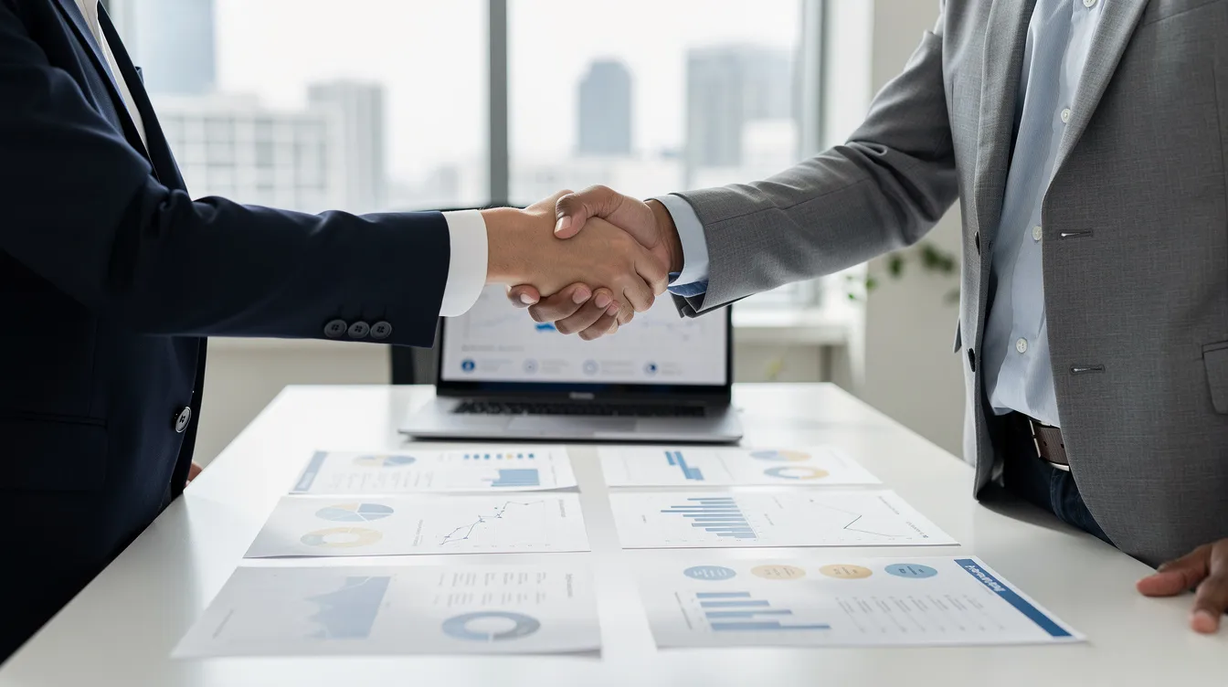 Two businesspeople shaking hands over a laptop in a bright office meeting room.