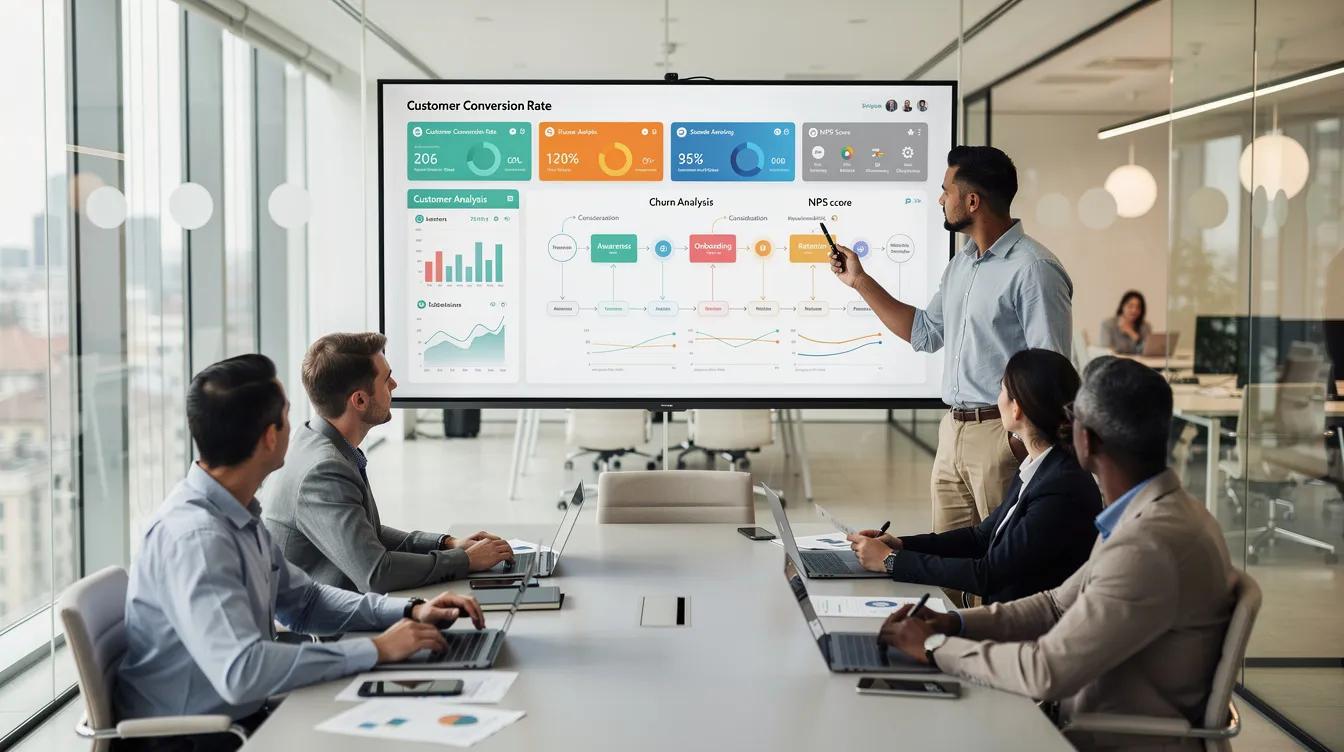 The image depicts a modern consulting office where a diverse team is engaged in reviewing customer data dashboards and journey maps displayed on a large screen. They are focused on analyzing key metrics related to customer experience, aiming to enhance customer satisfaction and retention rates through effective customer experience management strategies.