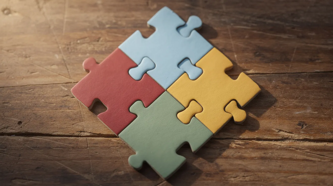 The image features four interconnected puzzle pieces arranged in a diamond shape on a wooden surface, symbolizing the key components of a balanced scorecard approach to strategic management. Each piece represents critical perspectives such as customer satisfaction, internal business processes, and financial performance, highlighting the importance of aligning strategic objectives for organizational success.