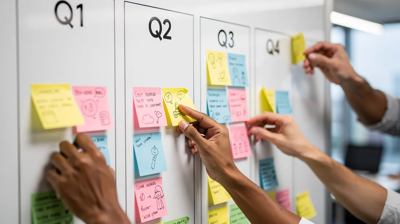 Hands placing colorful sticky notes on a Q1–Q4 board in a planning meeting
