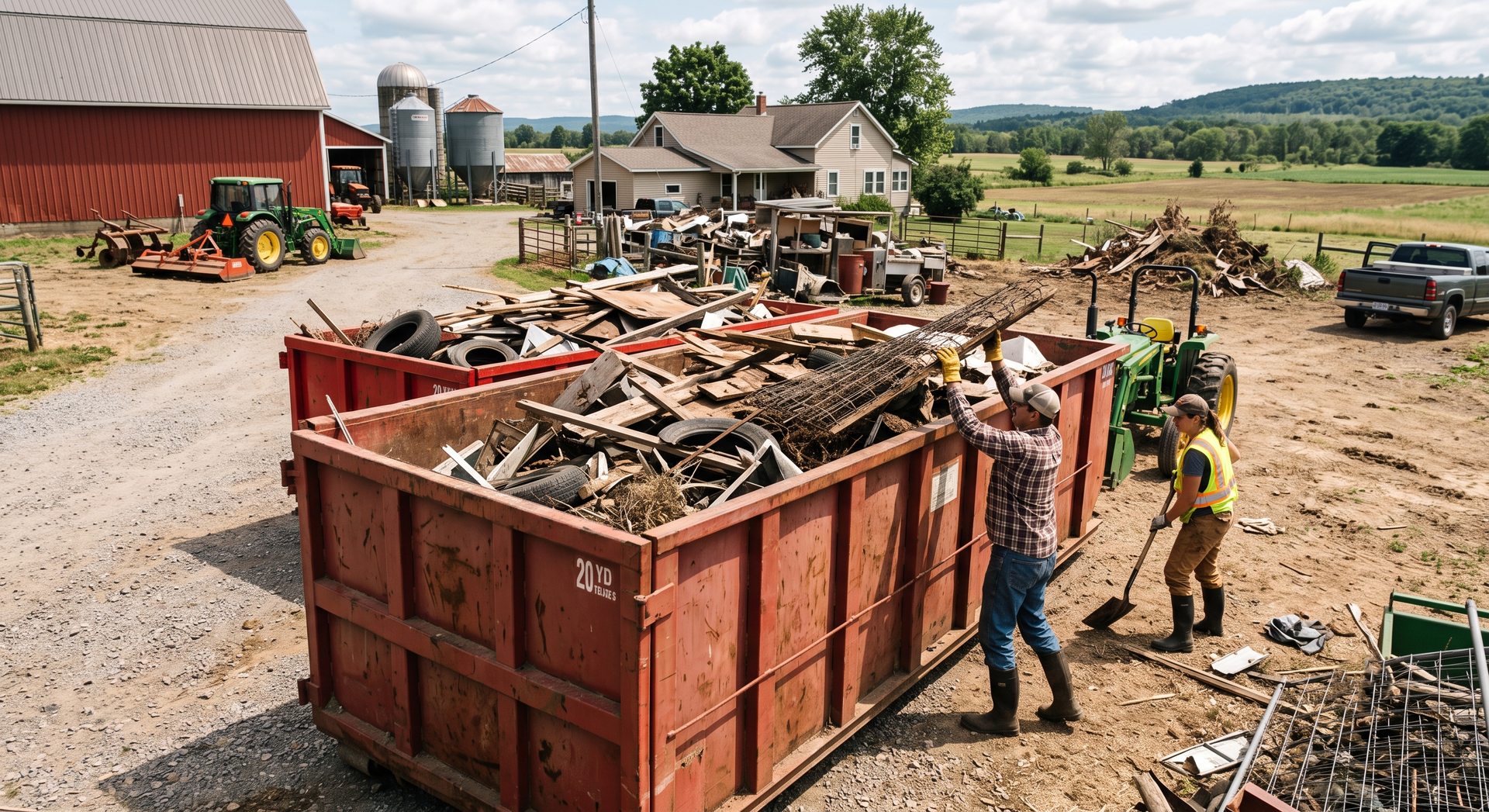 Workers loading debris into a large dumpster on a farmyard with barns and fields in the background