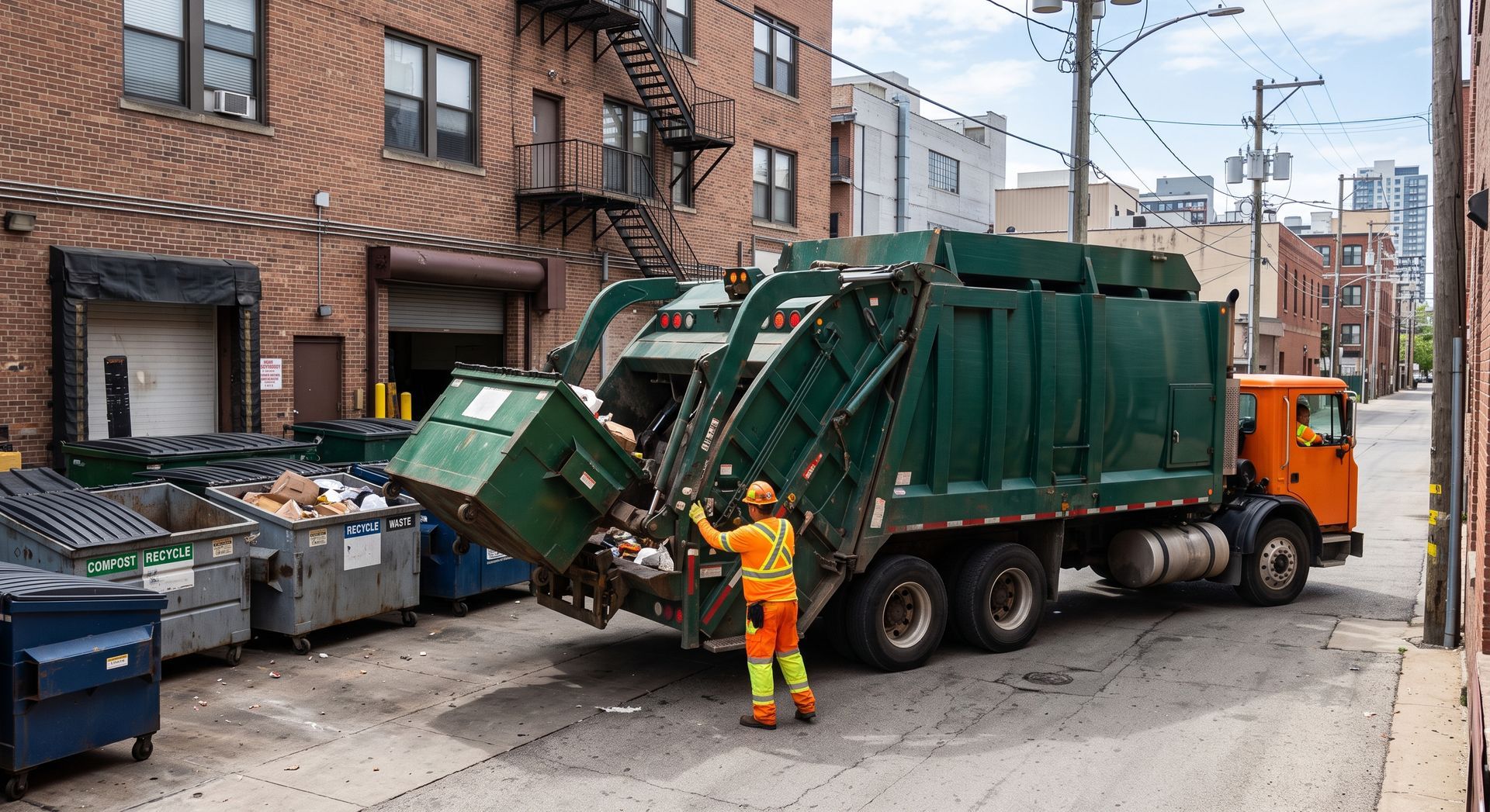 Garbage truck emptying bins on a narrow city street beside brick apartment buildings