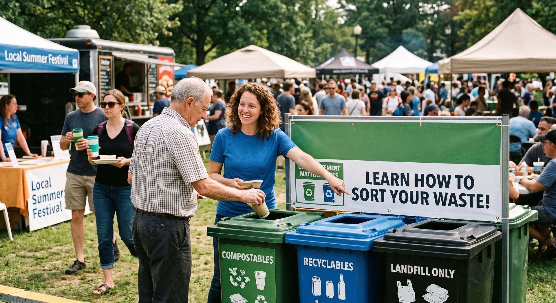 People sorting waste at an outdoor recycling event, with signs reading “Learn how to sort your waste.”