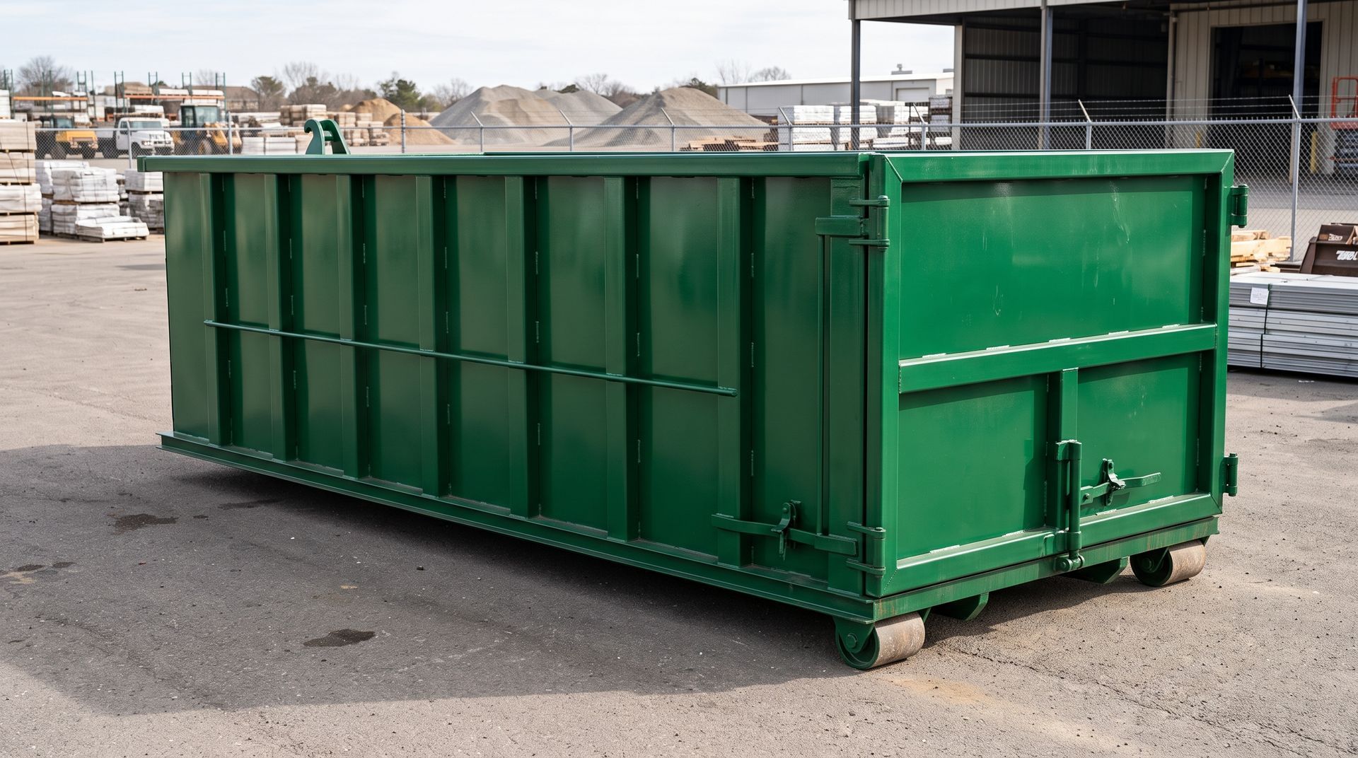 Large green dumpster container on a gravel lot, with a cityscape in the background.