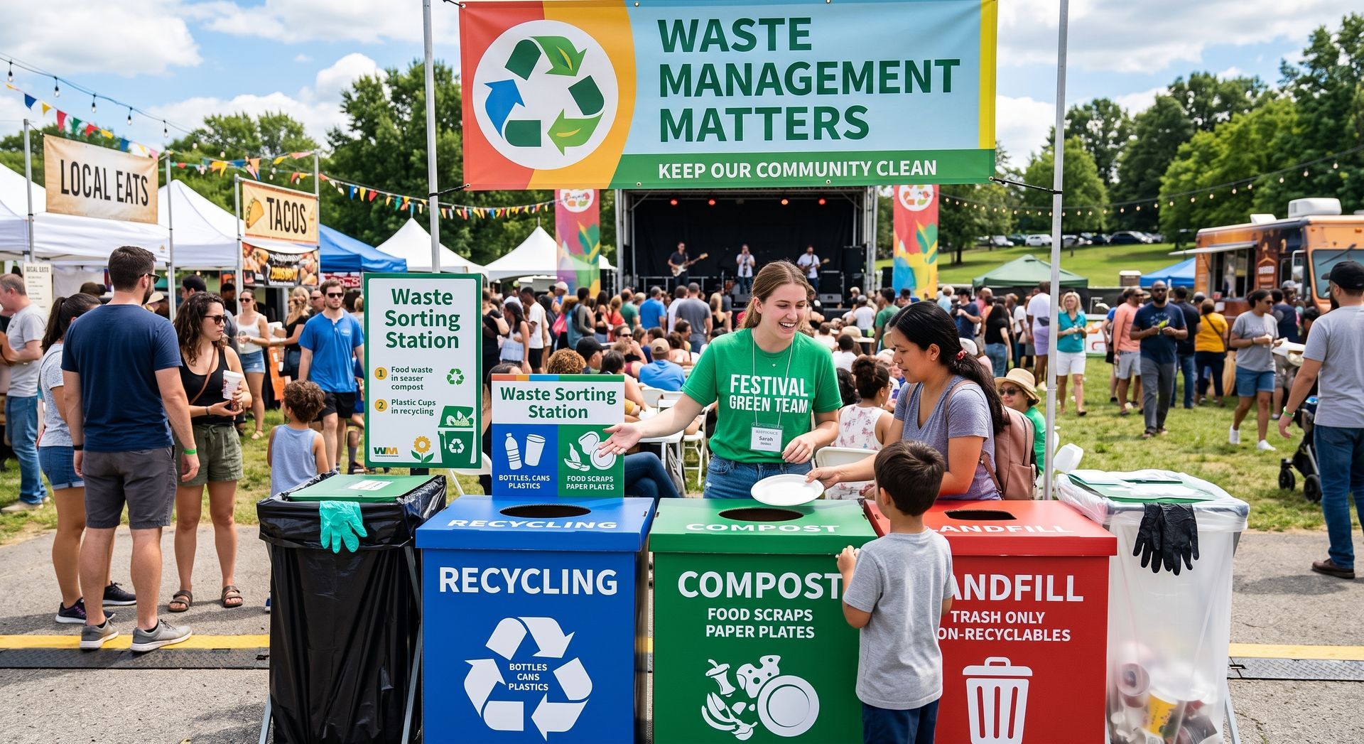 Waste management booth at outdoor event with recycling, compost, and landfill bins and volunteers