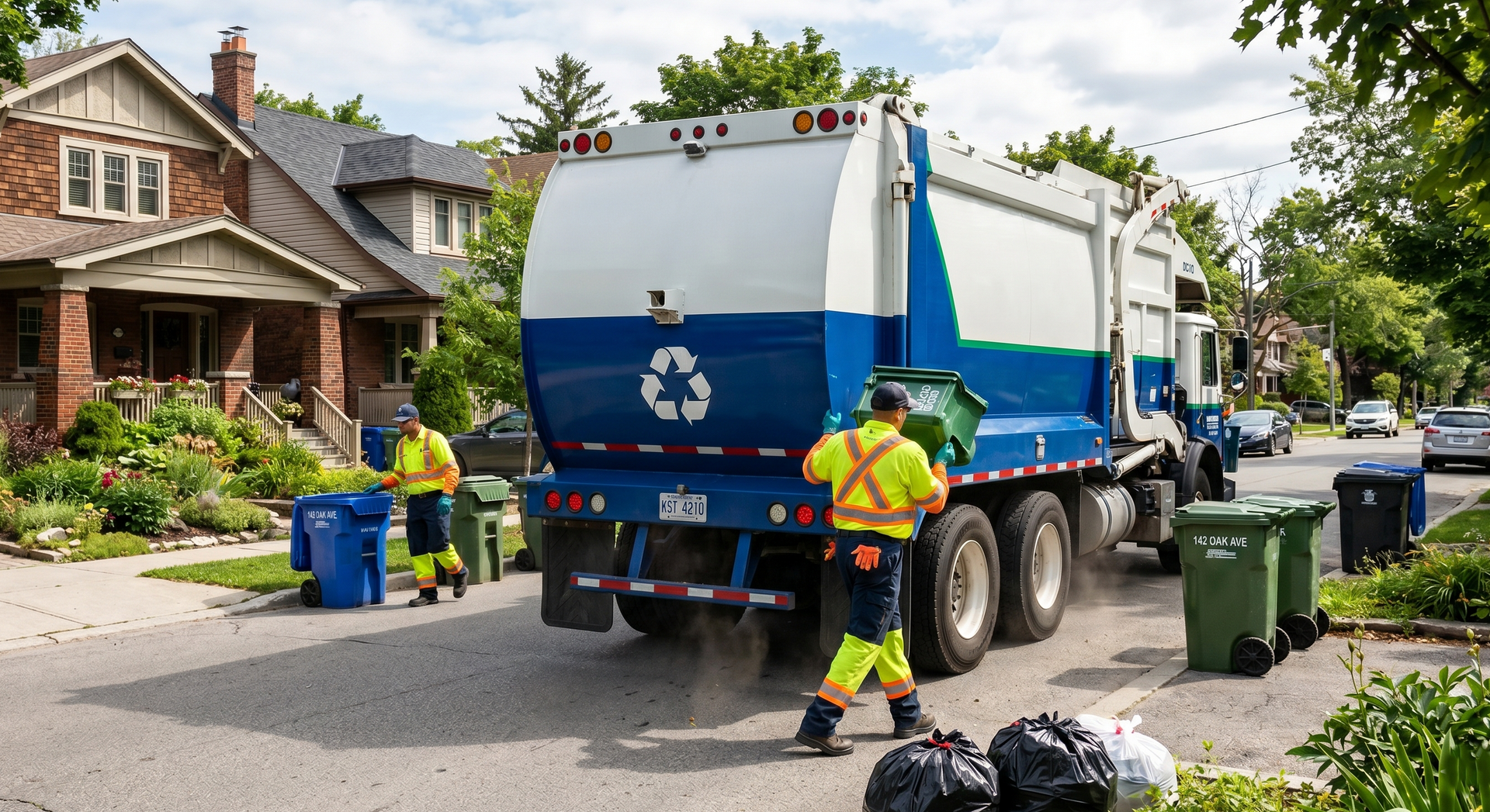 Garbage truck collecting bins on a residential street with workers in reflective uniforms