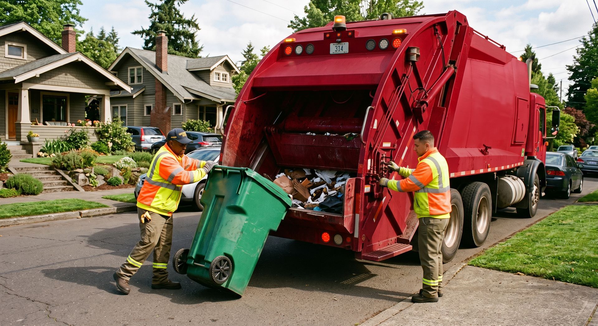 Two sanitation workers empty a green bin into a red garbage truck on a suburban street