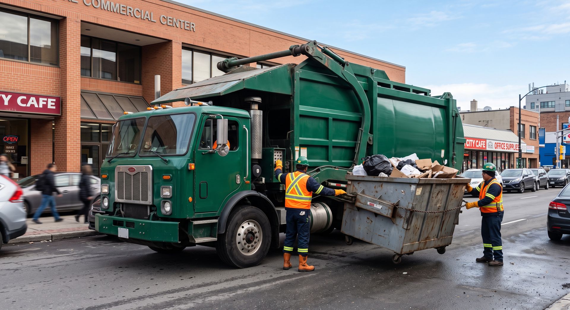 Garbage truck with workers collecting trash on a city street outside shops