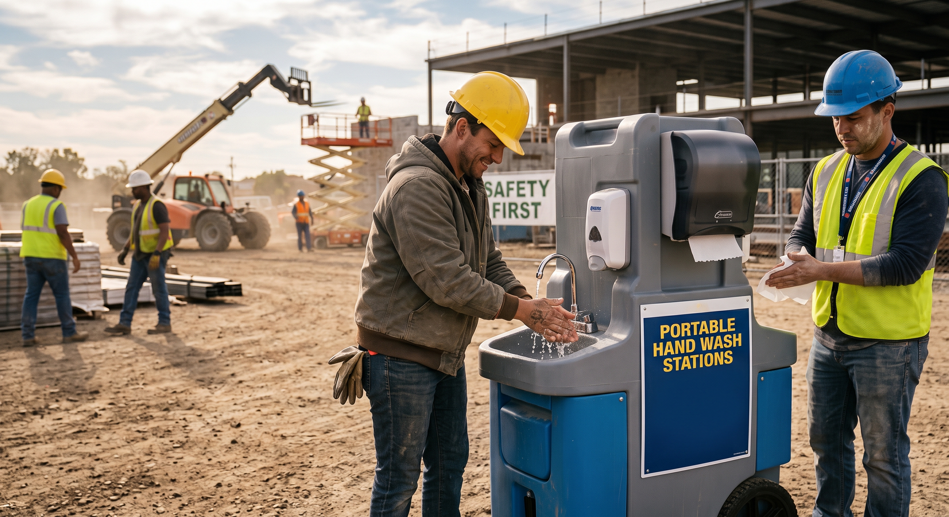 Construction workers using a portable power station at a dusty job site, with one man wearing a hard hat.