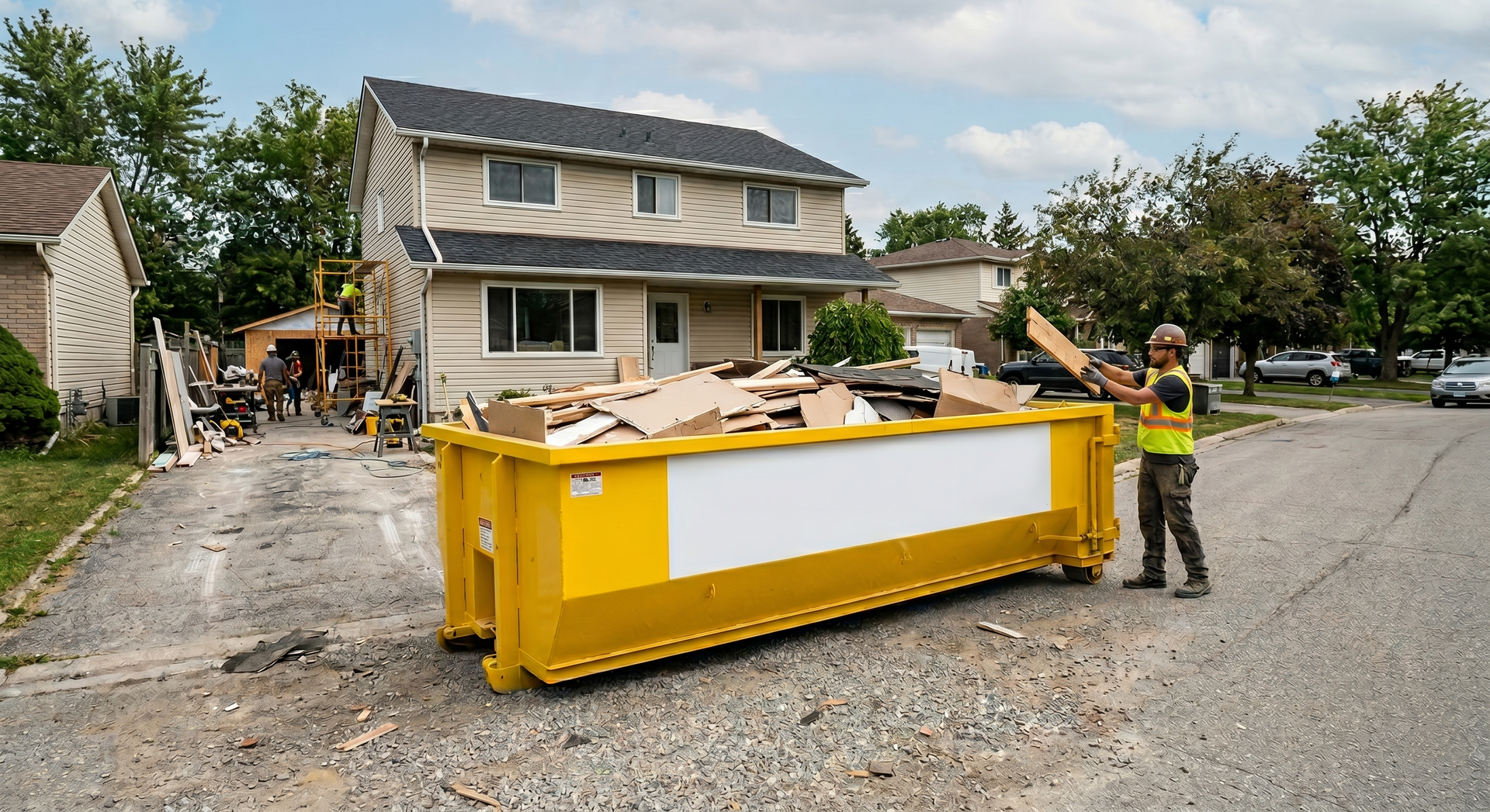 Construction worker beside yellow dumpster full of debris in a residential neighborhood