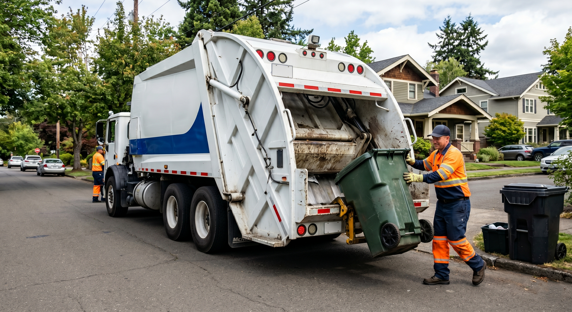 Garbage truck being serviced by a worker in orange safety gear on a suburban street