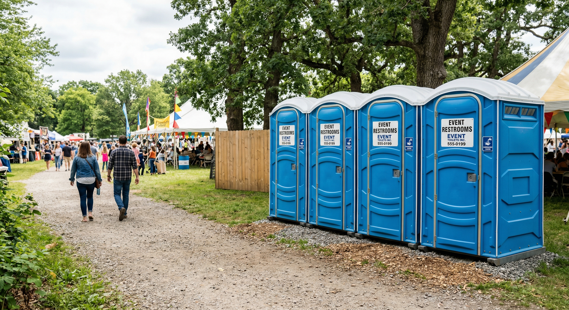 A row of four blue portable toilets stands on a gravel path near trees and festival tents, with two people walking nearby.