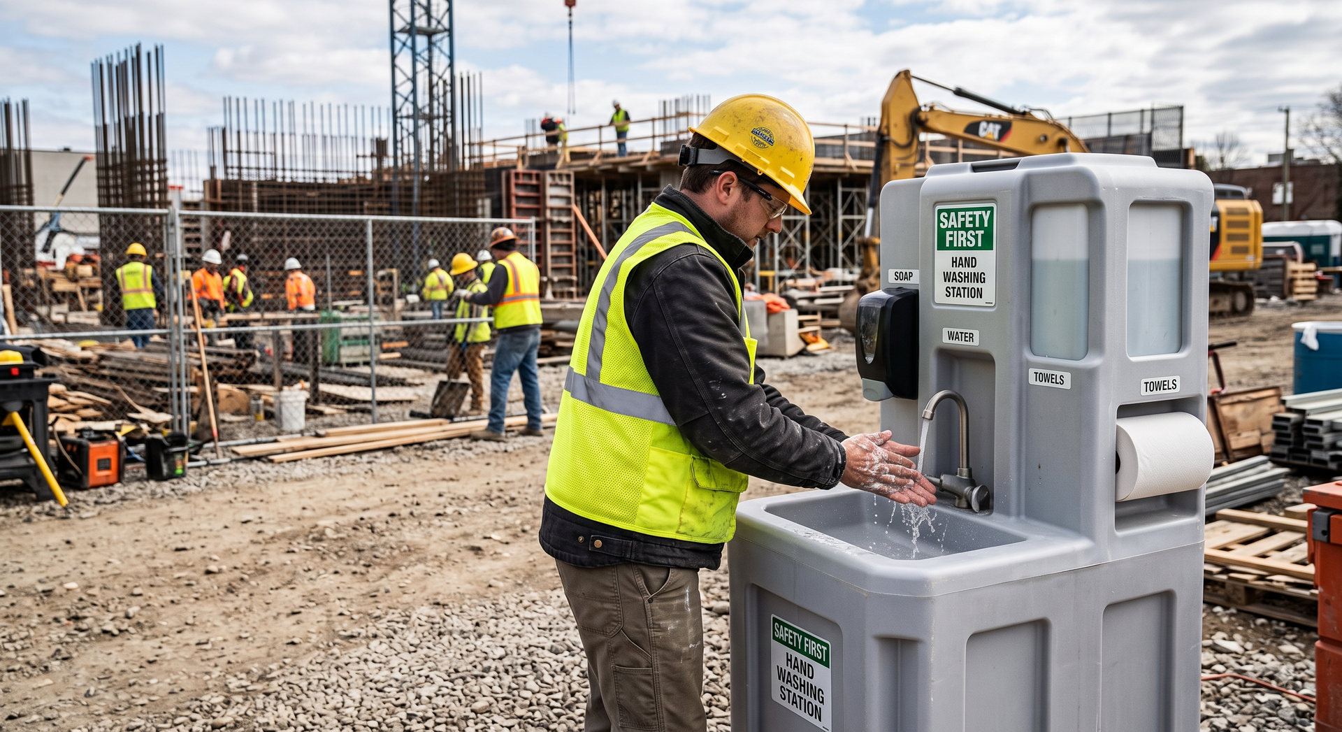 Construction worker in yellow vest washing hands at a site sink amid an active building site