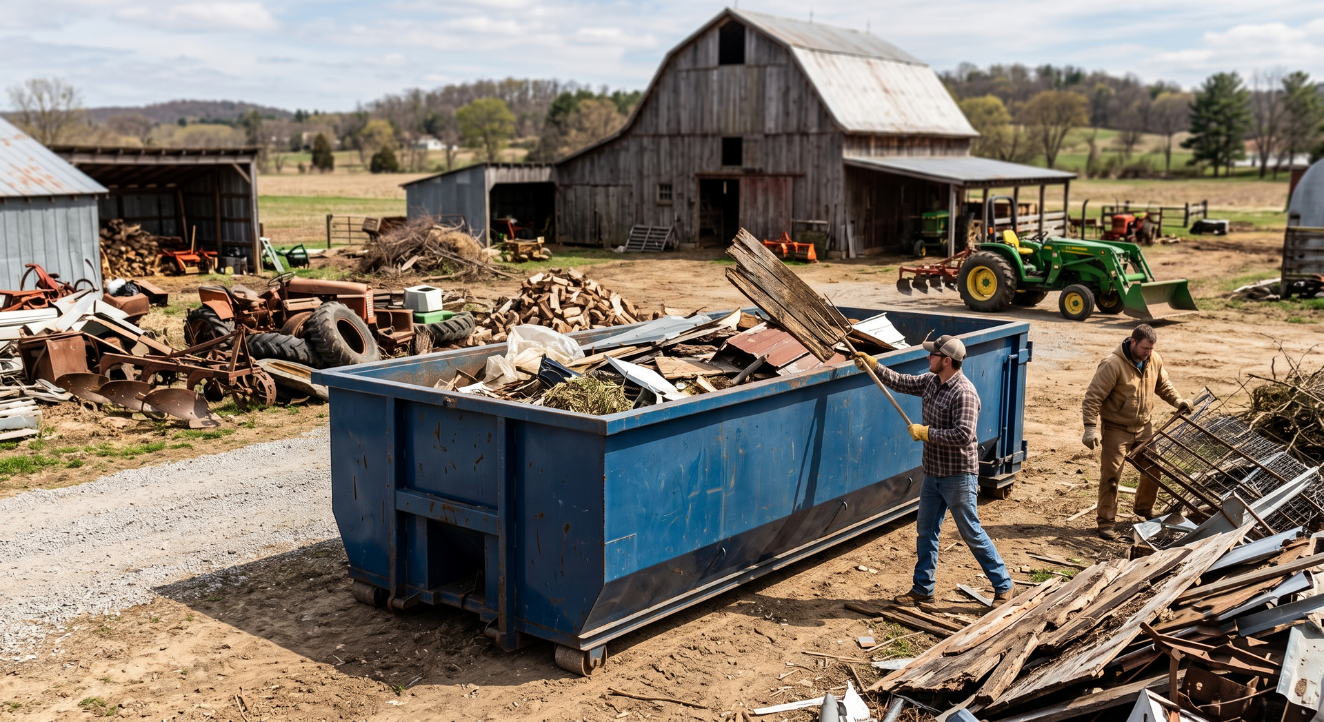 Worker loading scrap wood into a blue dumpster on a farm beside barns and a tractor