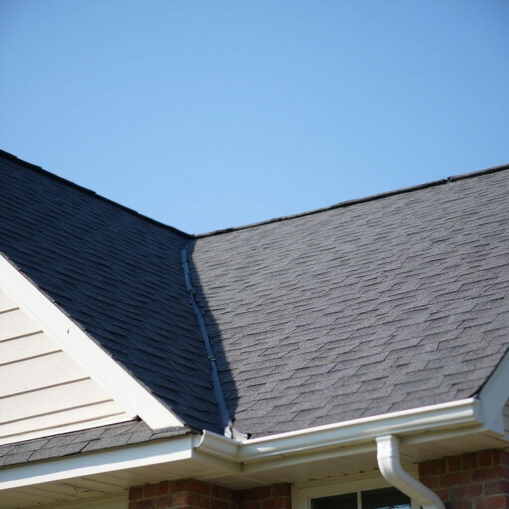 House roof with dark shingles and white gutters against a blue sky.