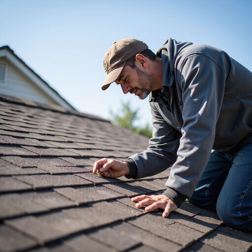 Man on a roof inspecting shingles, wearing a baseball cap and blue jeans.