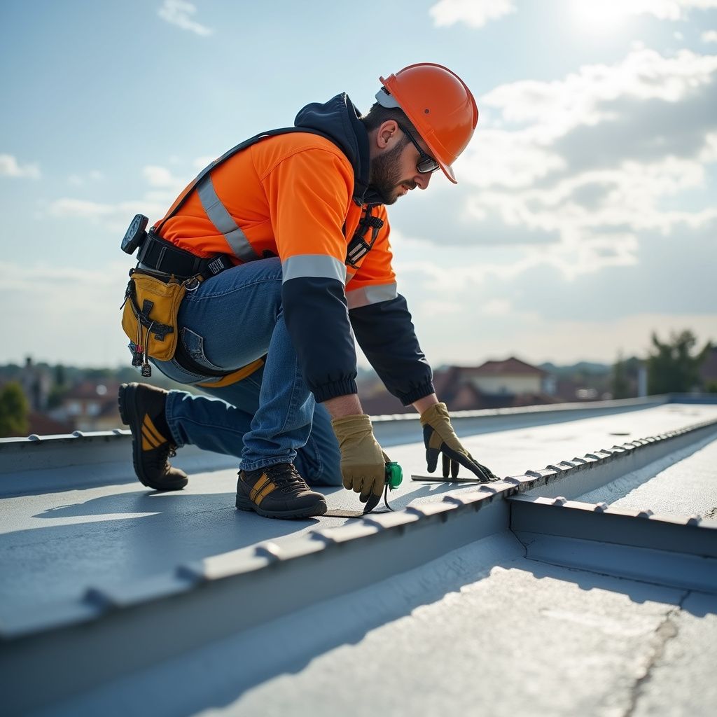 Roofer in orange safety gear, installing metal roofing on a sunny day.