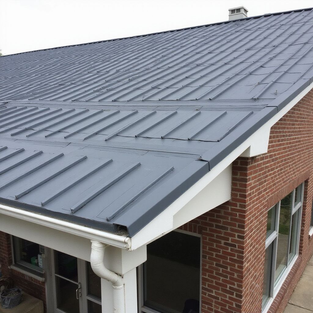 Gray metal roof on a brick building with white trim and a gutter.