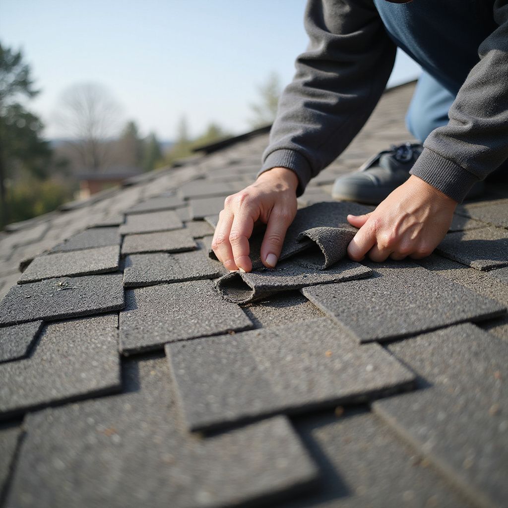 Person inspecting damaged asphalt roof shingles.